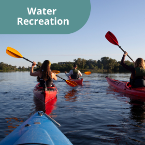 Friends are kayaking on a river and link to "Water Recreation" page