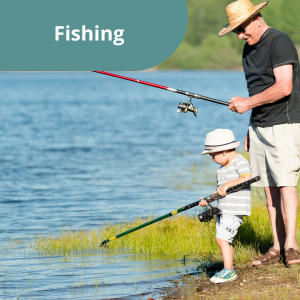 A family goes fishing together and link to "Water Recreation - Fishing" Page